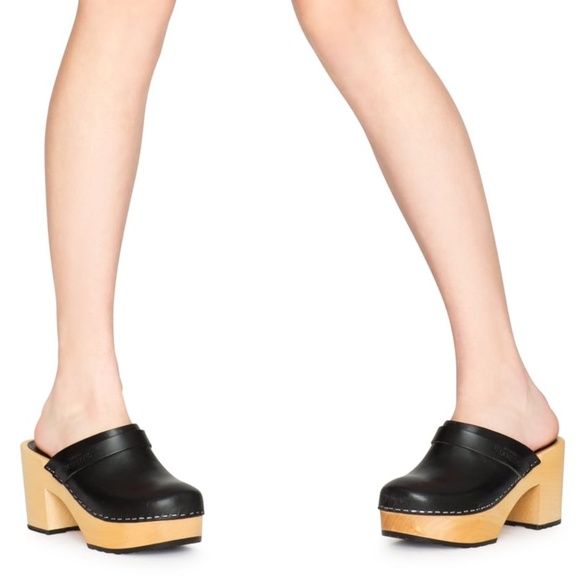 Swedish Hasbeens LOUISE Black Leather Platform Clogs Heels 38 - Picture 2 of 10